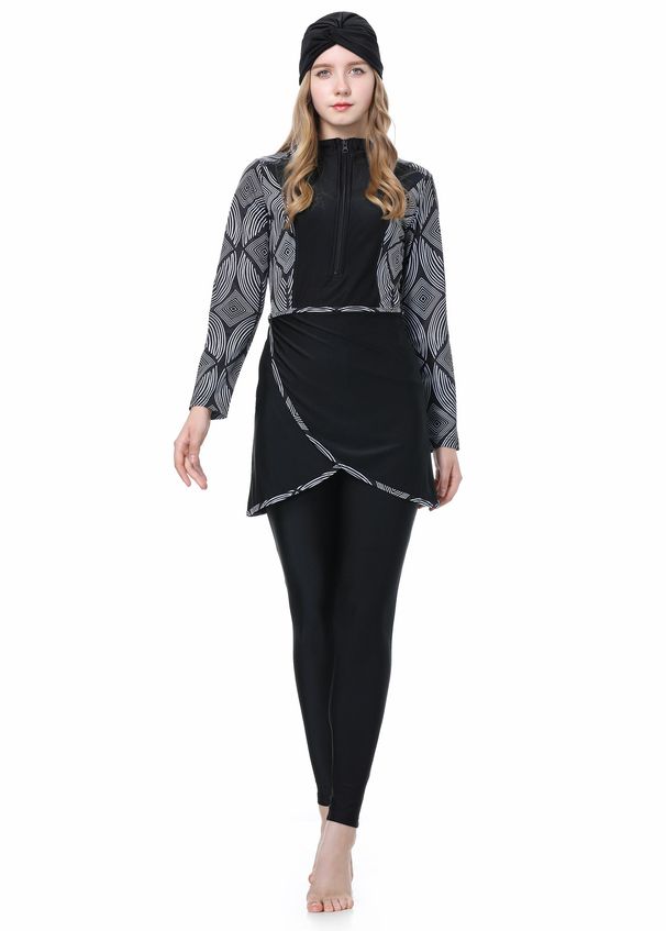 Muslim Women's Conservative Patchwork Swimsuit Three Piece Set With Hood_ecoleips.com