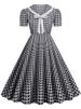 Plaid Printed Vintage Dresses Women Summer Elegant Peter Pan Collar Dot Short Sleeve Party Evening Midi Dress_ecoleips.com