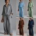 Women's Two Piece Set European American Style Relaxed Lapel V Neck Top High Waisted Drawstring Wide Leg Pants_ecoleips.com