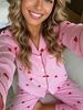Women Pajamas Notch Lapel Long Sleeve Long Pants 2 Piece Set Fall Winter Cute Heart Stripe Homewear_ecoleips.com