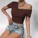Women's Clothing Cold Shoulder Pleated T Shirt Sexy Short Sleeve Slim Fit Asymmetric Top Female Elegant Fashion_ecoleips.com