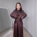 Women's Round Neck Satin Dress With Waist Cinching Long Sleeve Heavy Beaded Two Piece Autumn_ecoleips.com