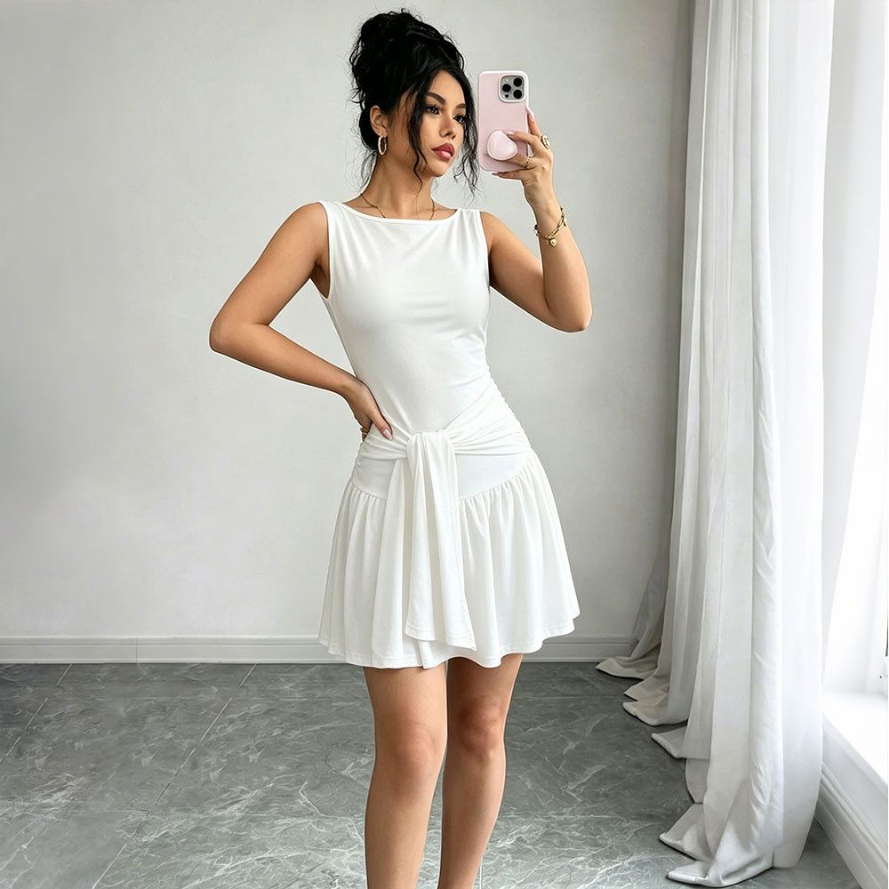 Voya 2026 Summer French-style Dress For Women, Round Neck, Sleeveless, Tie-waist, White, Gentle Style, Pleated Short Skirt_ecoleips.com