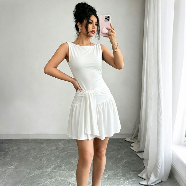 Voya 2026 Summer French-style Dress For Women, Round Neck, Sleeveless, Tie-waist, White, Gentle Style, Pleated Short Skirt_ecoleips.com