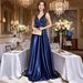 Elegant Satin Sequined Dress For Women Deep V Neck Banquet Ball Gown Evening Dress_ecoleips.com