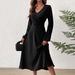 Voya Women's French Style V-neck Dress With Elegant Temperament In Autumn And Winter, A-line High Waist Mid Length Skirt_ecoleips.com