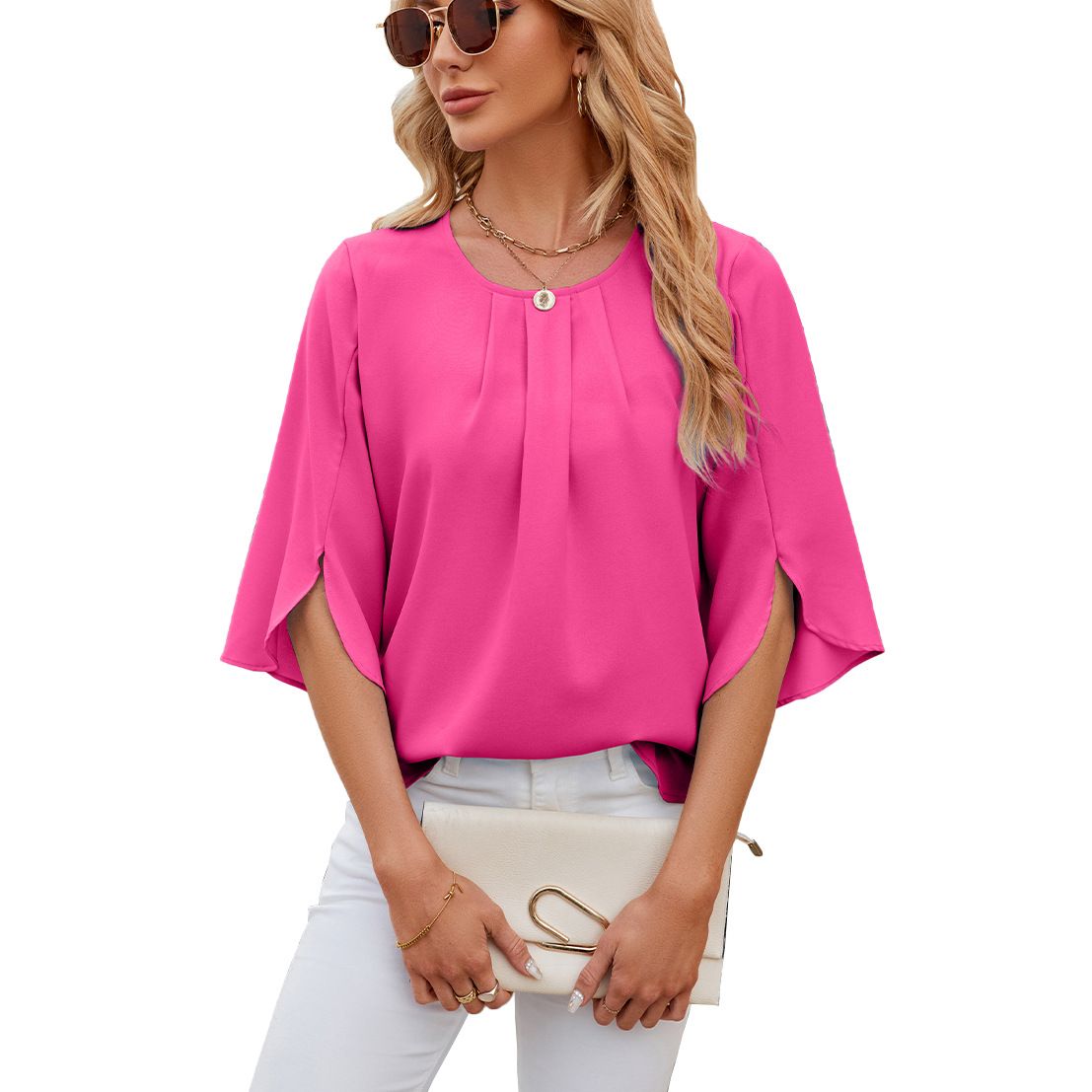 Women's Clothing New Solid Color Round Neck Five Point Sleeves Short Sleeves Loose Chiffon Shirt Tops For Women_ecoleips.com