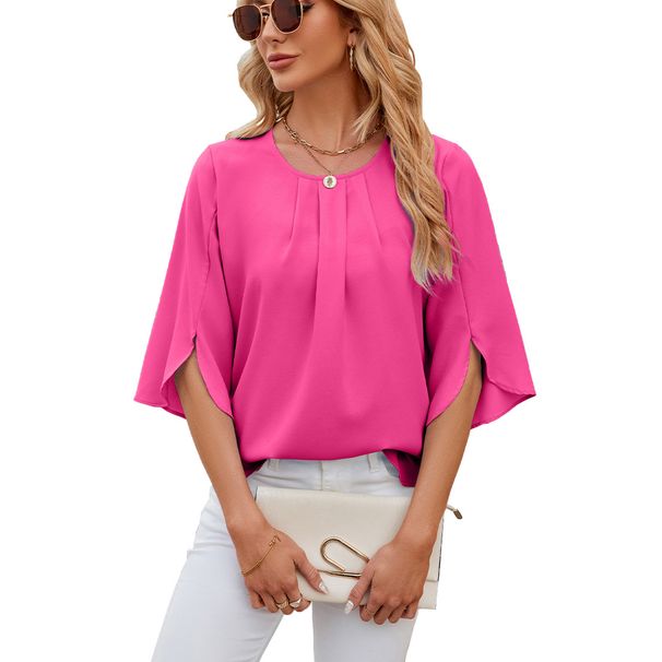 Women's Clothing New Solid Color Round Neck Five Point Sleeves Short Sleeves Loose Chiffon Shirt Tops For Women_ecoleips.com