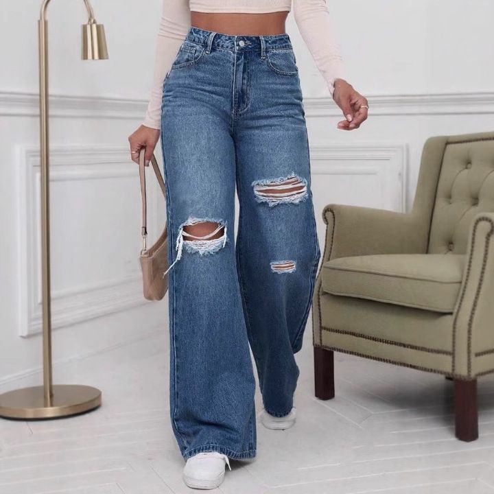 Women's Clothing Women's High Waist Wide Leg Jeans Loose Fit Ripped Long Pants Summer Style For Formal & Casual For Women_ecoleips.com