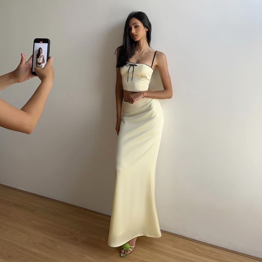 Spring New Women's Clothing Slim Fit Cropped Camisole High Waist Skirt Set European American Style Solid Color 2024_ecoleips.com