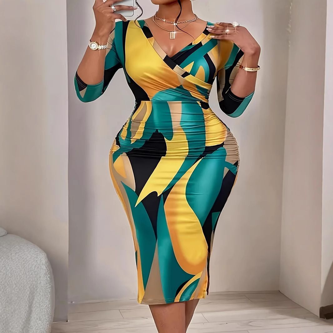 Plus Size Casual V-Neck Midi Dress Flowy A-Line Geometric Print Dress With 3/4 Sleeves – Stretchy Polyester-Spandex Blend – Floral & Abstract Design_ecoleips.com