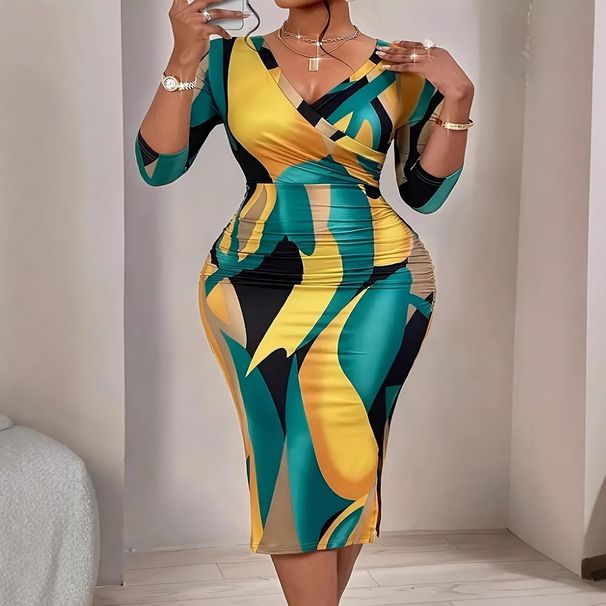 Plus Size Casual V-Neck Midi Dress Flowy A-Line Geometric Print Dress With 3/4 Sleeves – Stretchy Polyester-Spandex Blend – Floral & Abstract Design_ecoleips.com