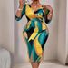 Plus Size Casual V-Neck Midi Dress Flowy A-Line Geometric Print Dress With 3/4 Sleeves – Stretchy Polyester-Spandex Blend – Floral & Abstract Design_ecoleips.com
