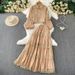 Women's French Retro Heavy Hollow Lace Splicing Lantern Sleeve Short Shirt High Waist Big Swing Skirt Autumn Set_ecoleips.com