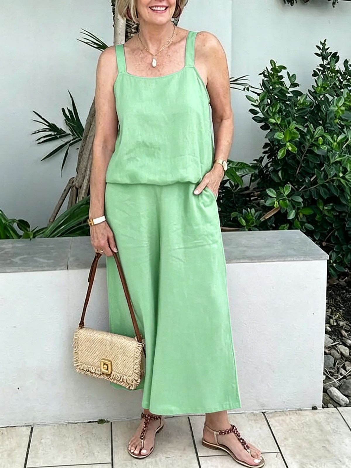 Women's Cotton And Linen Set Sleeveless Camisole Top Wide Leg Pants Two Piece Set_ecoleips.com