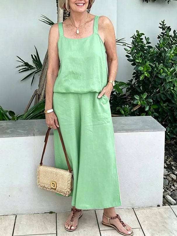 Women's Cotton And Linen Set Sleeveless Camisole Top Wide Leg Pants Two Piece Set_ecoleips.com