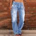 Women's Clothing Denim Trousers Trendy Distressed Mid Waist Ripped Casual Straight Leg Trousers_ecoleips.com