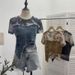 Women's Clothing Real Shot Of Raw Edge Denim Stitching Tie Dyed Mesh Slim Irregular Two Piece Short Sleeved Top Short T Shirt_ecoleips.com