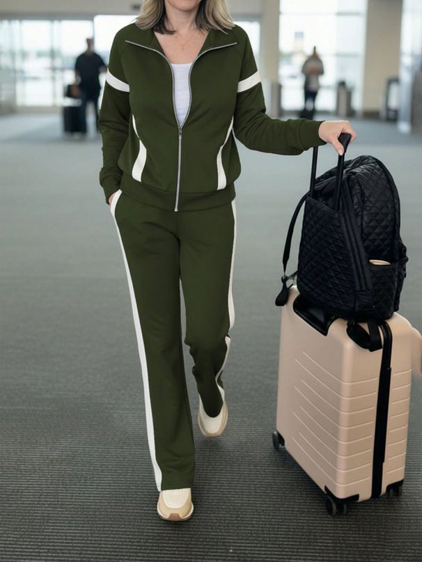 Color Block Women's Two Piece Set Long Sleeved Jacket And Striped Straight Leg Pants Casual Clothing_ecoleips.com