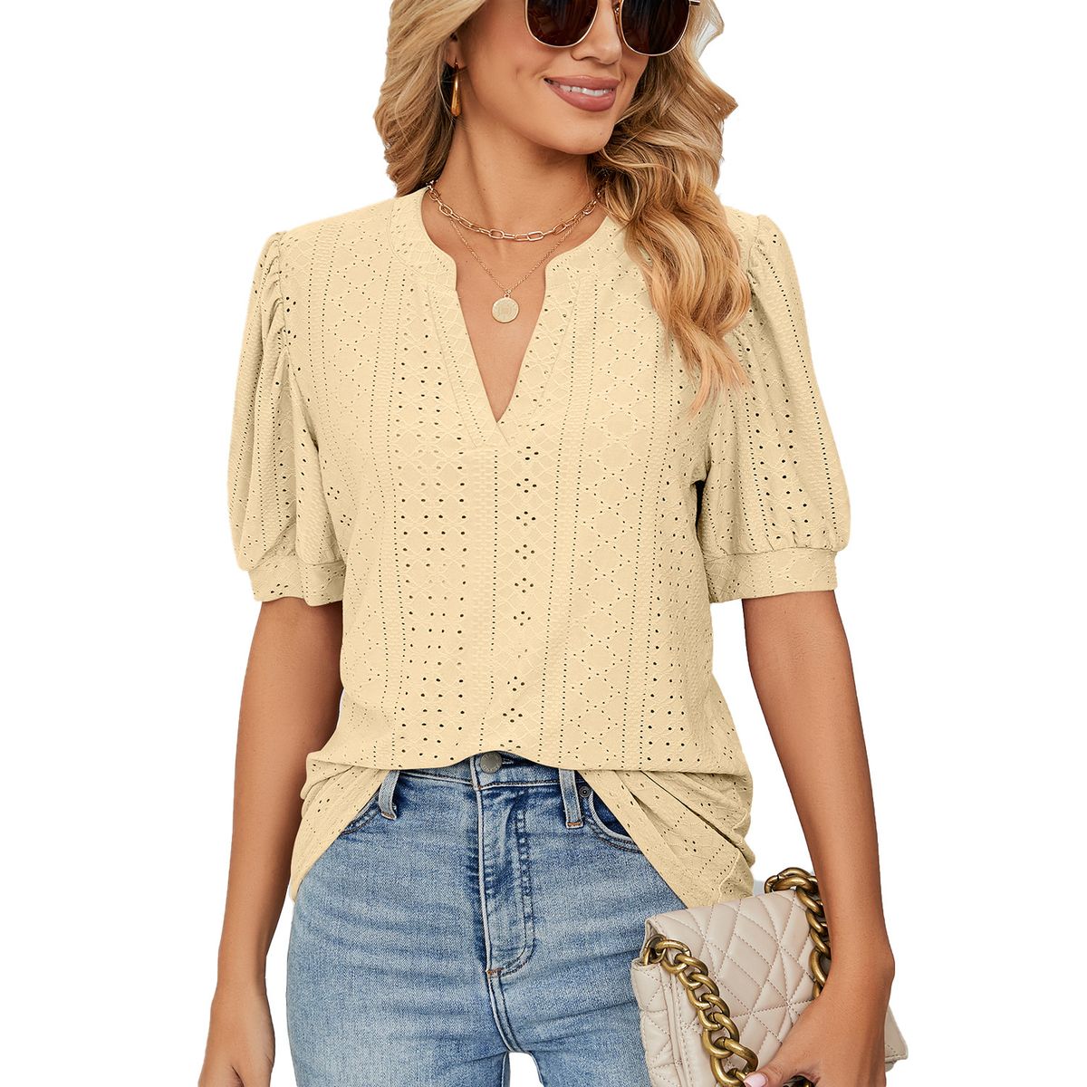 Women's Clothing Summer Casual V Neck Solid Color Hollow Bubble Sleeve Loose T Shirt Tops For Women_ecoleips.com