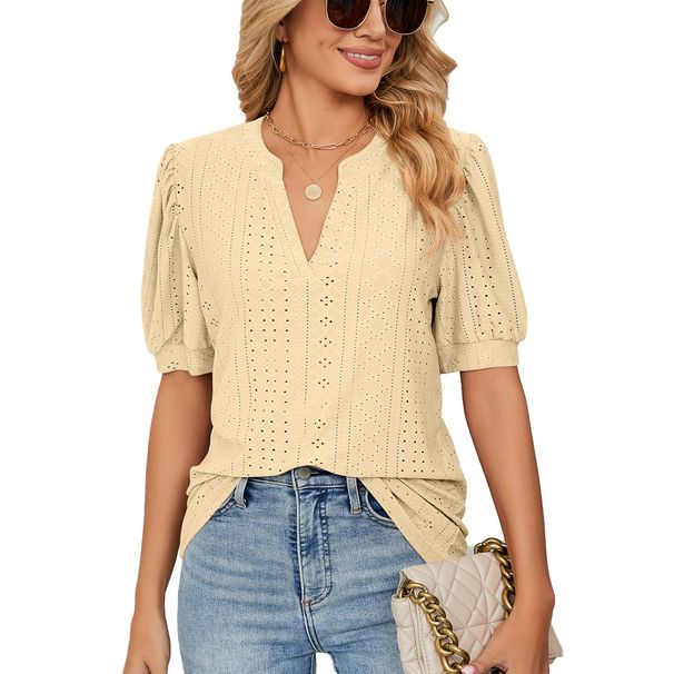 Women's Clothing Summer Casual V Neck Solid Color Hollow Bubble Sleeve Loose T Shirt Tops For Women_ecoleips.com