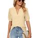 Women's Clothing Summer Casual V Neck Solid Color Hollow Bubble Sleeve Loose T Shirt Tops For Women_ecoleips.com