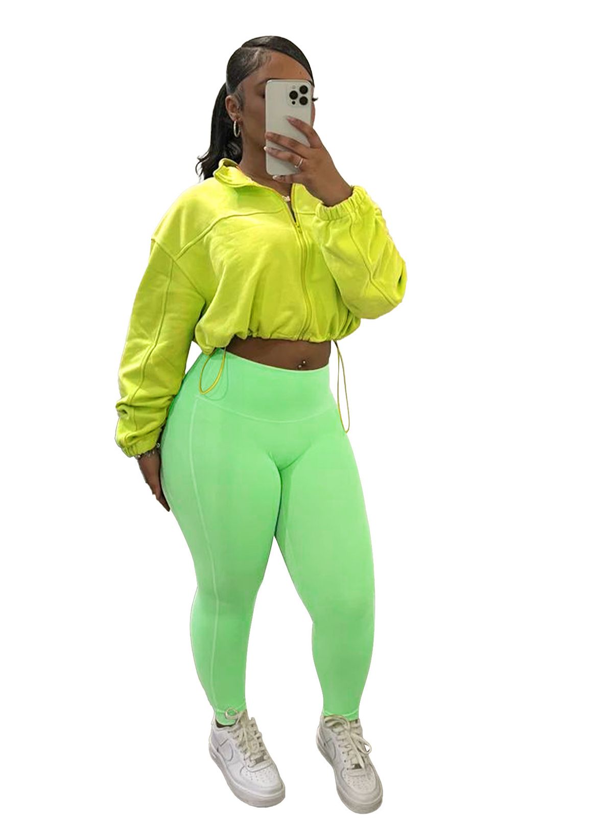 Women's Casual Two-Piece Set Zip-Up Elastic Waist Trousers Oversized Long Sleeve Top Work-to-Weekend Polyester Blend_ecoleips.com