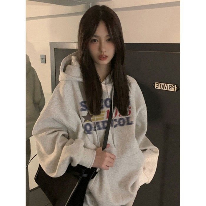 American-style Women's Sweatshirt For Spring And Autumn, Trendy Brand, Loose Fit, Vintage Letter Print, Hooded, Hong_ecoleips.com