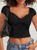 Fairyshely 2025 Summer Solid Short Sleeve T-shirt Sexy Women V Neck Bodycon Crop Top Lady Black Ruffle Club Party Short Tops_ecoleips.com
