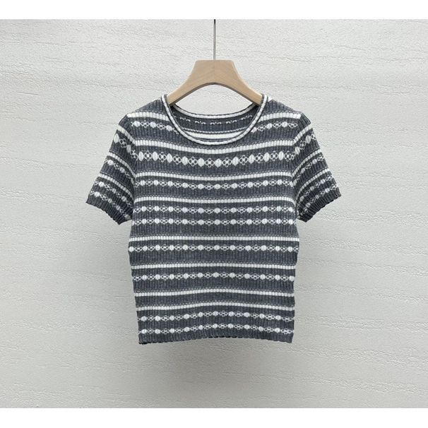 Trendy Brand Knitted Jacquard Striped Short-Sleeve Pullover Loose Versatile Women's Top, New Summer 2026 Collection_ecoleips.com