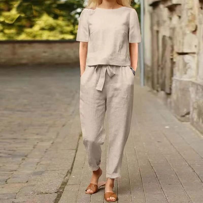 Bohemian Cotton Linen Summer Outfit Set – Oversized Blouse & Wide-Leg Pants – Relaxed Vintage Two-Piece Ensemble_ecoleips.com