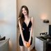 Black Pure Desire Wind Deep V Hollow Out Waist Strap Dress Summer Sexy Spicy Girl Royal Style Short Skirt_ecoleips.com
