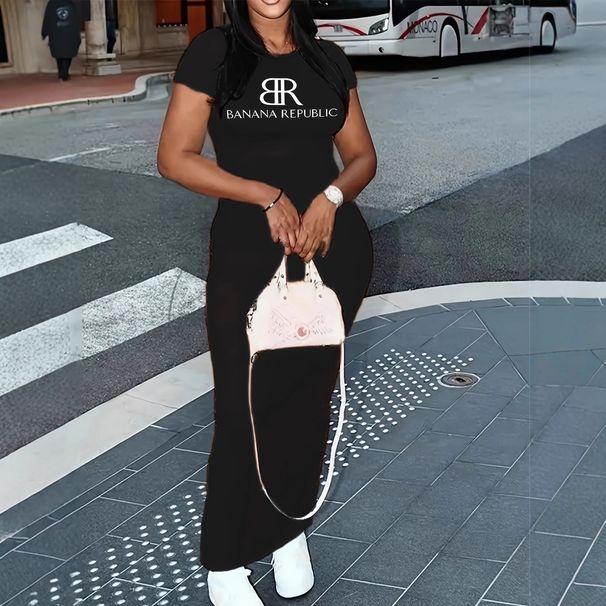 Elegant Casual Long Dress Slim Fit Round Neck Short Sleeve Women's Spring Summer Clothing_ecoleips.com