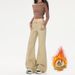 American Retro Khaki Flared Jeans For Women, Autumn And Winter Fleece-Lined Low Waist Brown Melad Loose Floor-Length_ecoleips.com