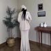 Modest Abaya Dress/Muslim Dress Women Elegant Long Sleeve Midi Dress Set - Flowy Knit Two-Piece Outfit With Bell Sleeves (S-XXL, Beige)_ecoleips.com