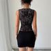European And American Cross Border 2025 Spring And Summer New Women's Slim Flocking Mesh Black Contrast Lace V Neck Vest Top_ecoleips.com