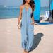 Women's Clothing deep V halterneck sleeveless pleated pocket back tie wide leg cuff long jumpsuit_ecoleips.com