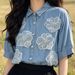 Women's Loose Fit Blue Floral Denim Shirt Korean Style Slimming Casual Top Short Sleeve Thin Style_ecoleips.com