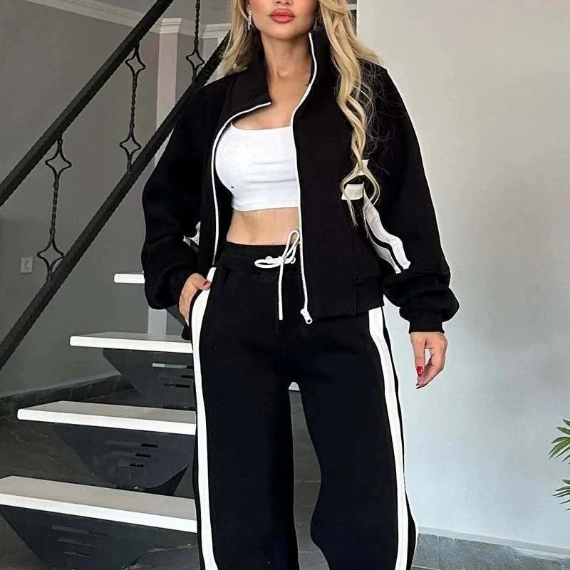 Women's Clothing Fashion Color Block Women's Sportswear Set Long Pants Autumn Casual Style European And American Trendy Jacket_ecoleips.com
