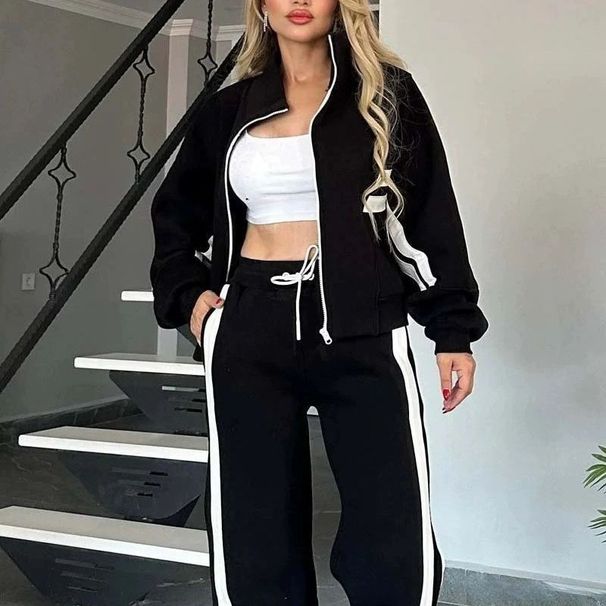 Women's Clothing Fashion Color Block Women's Sportswear Set Long Pants Autumn Casual Style European And American Trendy Jacket_ecoleips.com
