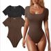 Elegant Ribbed Square Neck Sleeveless Jumpsuit For Women - Stretchy Polyester Bodysuit With Short Sleeves, High Waist & Slim Fit, Summer Casual Outfit_ecoleips.com