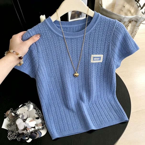 Blue Embroidered Knitted Top For Women Short Sleeve Inner Layer Base T-Shirt New Summer Real Photos_ecoleips.com