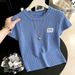 Blue Embroidered Knitted Top For Women Short Sleeve Inner Layer Base T-Shirt New Summer Real Photos_ecoleips.com