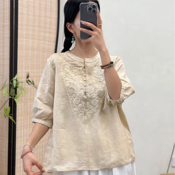A Retro-Style, Uniquely Embroidered Cotton-Linen Top With Short Sleeves And A Loose Fit, Suitable For Women In Summer. A_ecoleips.com
