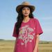 Literary Style Women's T-Shirt Daisy Butterfly Beaded Design Black Crew Neck Short Sleeve Loose Fit Top_ecoleips.com