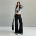 Khaki Large-pocket Workwear Jeans Women, Autumn And Winter, Loose, Floor-length, Casual, Stretchy Flared Pants,_ecoleips.com