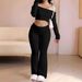 Off-Shoulder Long Sleeve Crop Top & High-Waisted Pants Set – Women's Bodycon Two-Piece Outfit (Summer Streetwear Essentials In Black/Gray/Navy)_ecoleips.com