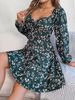 Real Shot Of 2026 Spring/Summer European And American Casual Sexy Lace-up Square-neck Floral Long-sleeve A-line Dress._ecoleips.com