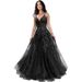 Women’s Clothing Glitter Tulle Ball Gown Women's Lace Applique Long Ball Gown with Spaghetti Straps A Line_ecoleips.com