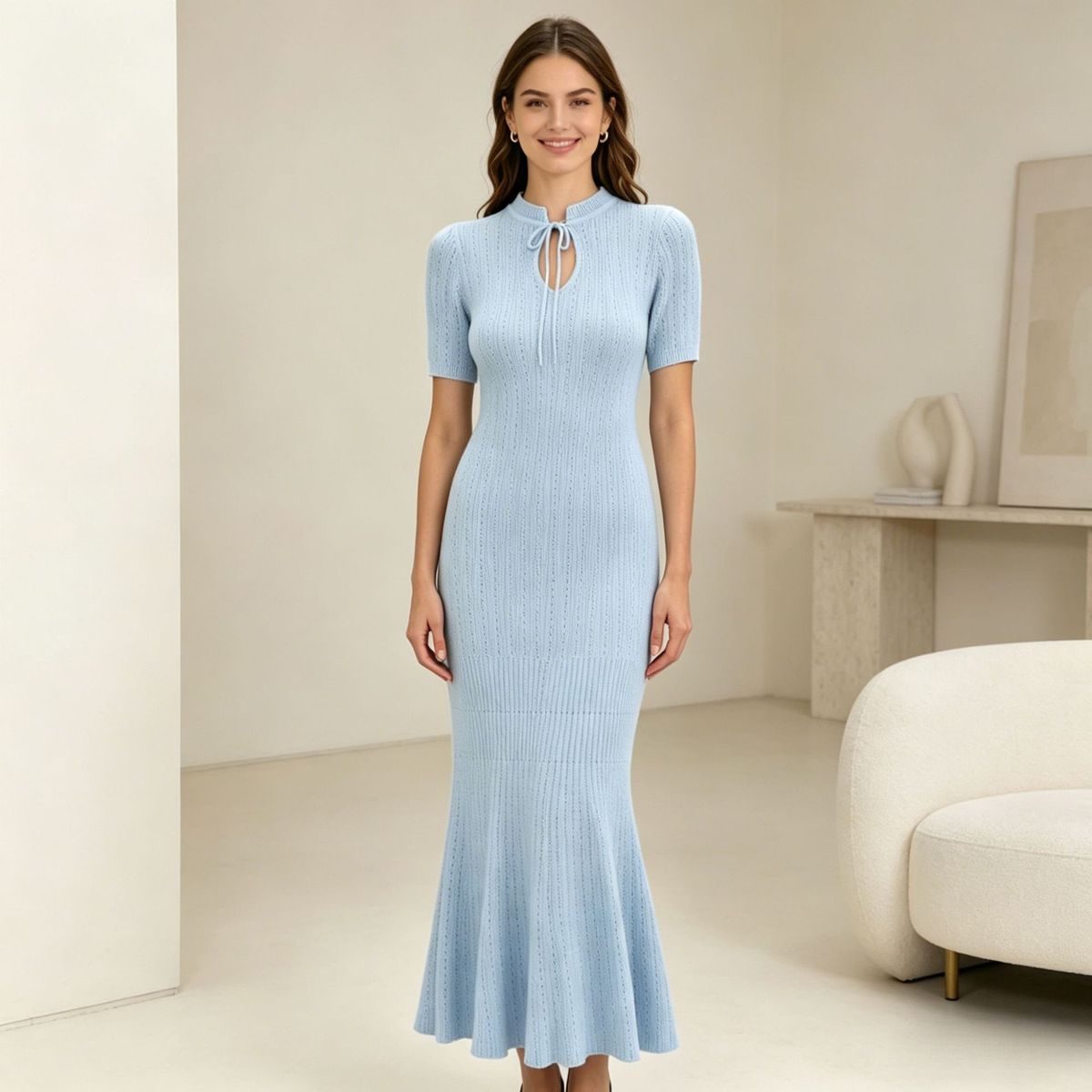 Summer New Style Women's Slim Fit Fishtail Dress Tie up Hollow Short Sleeve Knitted Casual Dress for Ages 16-45_ecoleips.com